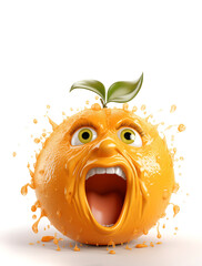 Orange with angry expression with juice flying in drops, screaming, 3D illustration