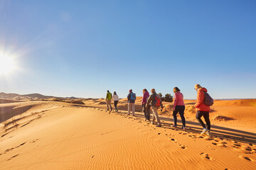 A group of tourists explores the majestic sand dunes of the Sahara Desert