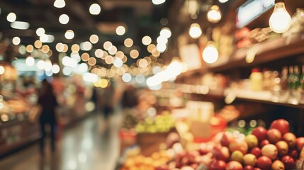 Blurred background of a modern grocery market with some buyer - obrazy, fototapety, plakaty