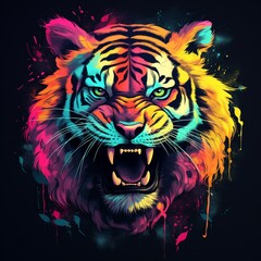 Tiger, Neon Tiger, vibrant wildlife, electric jungle, neon safari, tiger in lights, generative ai	