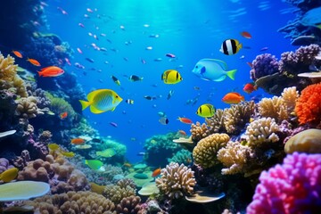 Naklejka na ściany i meble Colorful coral reefs, exotic sea life and merfolk in a tropical undersea world.