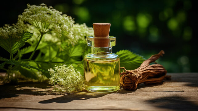 bottle, jars of angelica essential oil extract