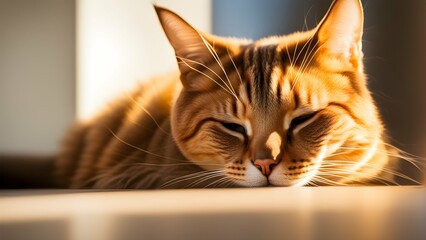 A sleepy, sleepy cat curled up in a sunbeam, captured in a tender, loving close up