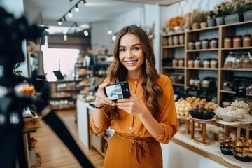 Young woman live streaming for sale fashion clothing to customer and present detail on social media, girl selling fashionable clothes on live streaming at happy and smile atmosphere. ai generative	