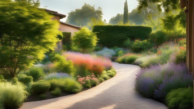 A photograph of a serene, tranquil garden, captured in a soft, pastel palette and a delicate, ethereal style, reminiscent of Monet's Impressionist landscape paintings.