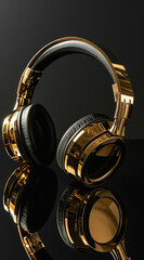 gold headphones on a black reflective surface