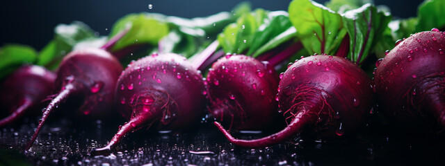 close-up of red beets in water drops