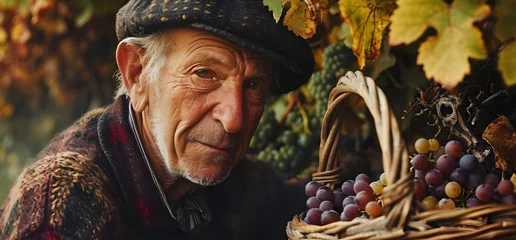 Fotobehang Vineyards, portrait of old winemaker next to the vines, Vintage photo, imitation of an old photo film, concept of winemaking in France, Spain, photo filter © Siarhei
