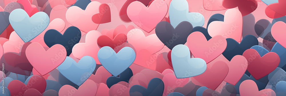 Wall mural pastel hearts pattern background banner. valentine's day. panoramic web header with copy space. wide