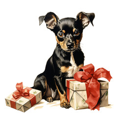 chrsitmas chihuahua with present  isolated on the transparent background PNG.