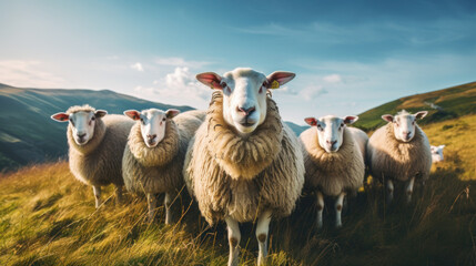 Fototapeta premium sheep standing on top of a grass covered field