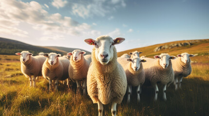 Fototapeta premium sheep standing on top of a grass covered field