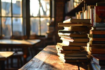 Many books are stacked on top of each other on the table