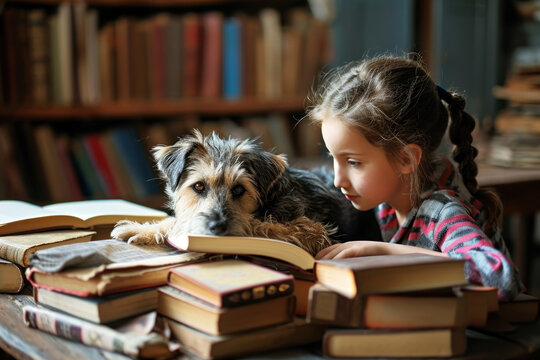 Many books are stacked on top of each other on the table and child with dog reading
