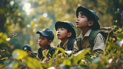 boys scout with friends activity outdoor - obrazy, fototapety, plakaty