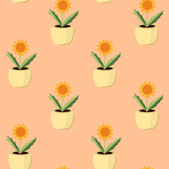 Pattern with sunflowers in pots. Vector illustration.