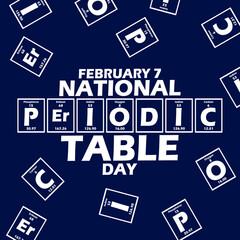 National Periodic Table Day event banner. Periodic table formulas with bold text on dark blue background to commemorate on February 7