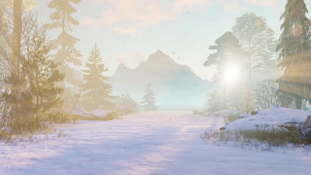 Slow camera movement through falling snowflakes in the rays of dawn in a snowy forest overlooking a mountain, 3D render