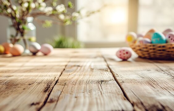 Perspective of table in light colored wooden, some eggs laying on the table surface, blurred background of kitchen or dining room for easter card, celebration of holiday. Beautiful banner.
