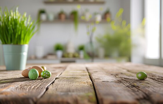 Perspective of table in light colored wooden, some eggs laying on the table surface, blurred background of kitchen or dining room for easter card, celebration of holiday. Beautiful banner.