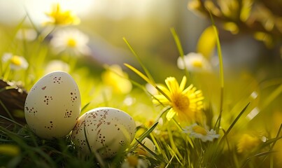 White eggs with some muted color paint on them laying in fresh spring green grass. Yellow blooms, daffodil, dandelion. Blurred garden background.