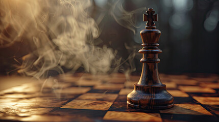 a piece of chess is on black background, futuristic graphic icon and wooden chess board game black color tone