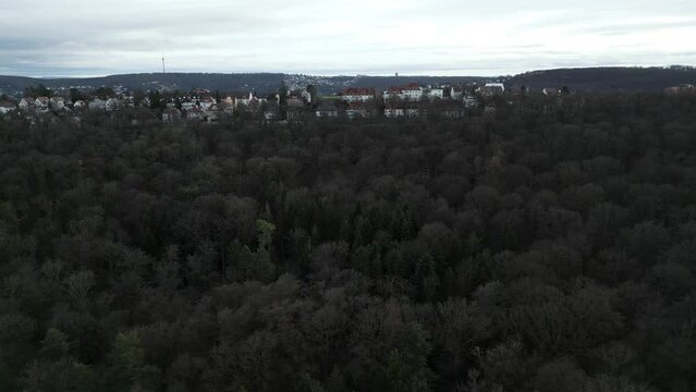 Sch&ouml;ner Drohnenflug &uuml;ber dem Kr&auml;herwald in Stuttgart, mit der Stadtsilhouette im Hintergrund.