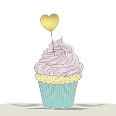 Cupcake with golden heart in pastel