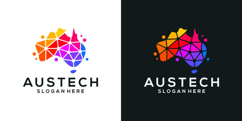 Map of australia logo design template with abstract dot, molecule and network Internet system logo design graphic vector. Symbol, icon, creative. - obrazy, fototapety, plakaty
