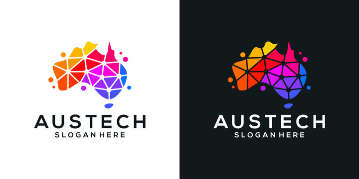 Map of australia logo design template with abstract dot, molecule and network Internet system logo design graphic vector. Symbol, icon, creative.