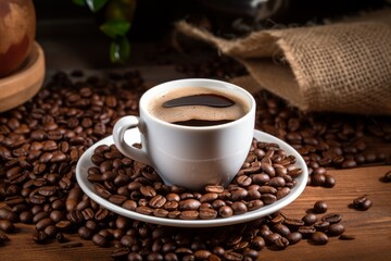 cup coffee heap beans wooden table