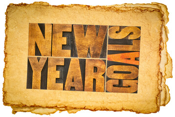 New Year goals - resolution and goal setting concept - word abstract in vintage letterpress wood type on retro art paper
