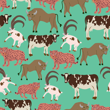 seamless pattern with different animals in flat style. Template for design, print, background, packaging, book, wrapping paper, fabric.