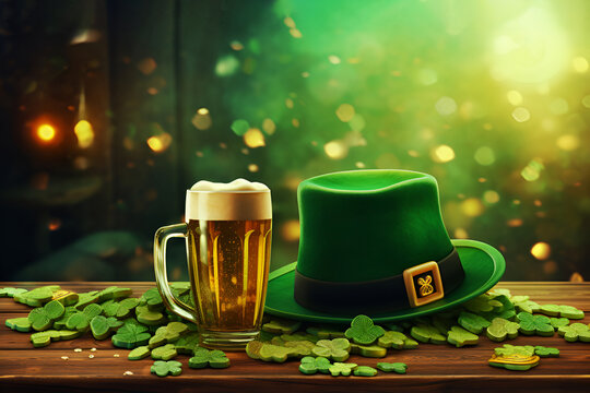Wooden pub table with a glass of beer, a green leprechaun hat, and clover leaves, St. Patricks Day