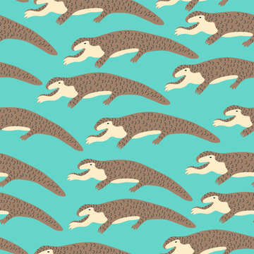 seamless pattern with pangolin in vector. wild animal in flat style. Template for design, print, background, packaging, book, wrapping paper, fabric.
