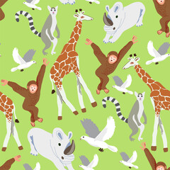 seamless pattern with different animals in flat style. Template for design, print, background, packaging, book, wrapping paper, fabric.