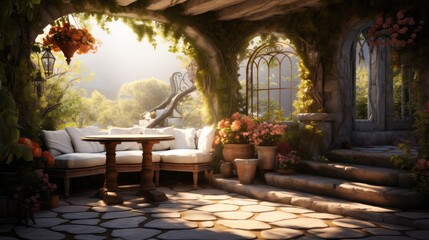 Fototapeta premium Overgrown cozy patio. Generative AI.