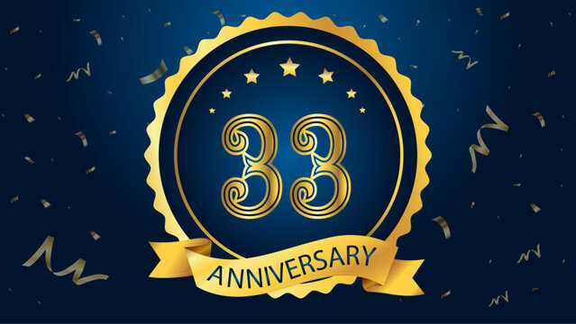 Celebrate the 33th anniversary with gold letters, gold ribbons and confetti on a dark blue background