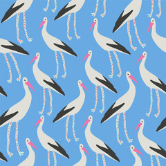 seamless pattern with stork with spotted legs and earthworm in vector. Template for poster logo icon for app website. Series of animal images in flat style