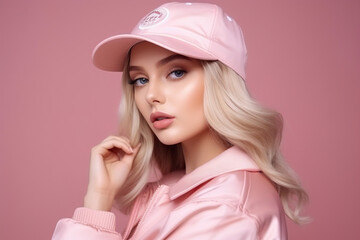 Pink color and femininity style in fashion. A cute blonde girl posing in a fashionable pink bomber jacket and a visor cap on a pink studio background. Youth fashion
