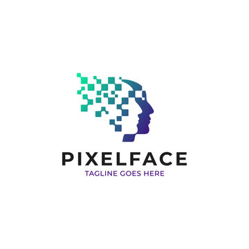 Digital Pixel Face Abstract Human Head Logo With Gradient Shattered Pixel