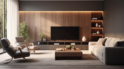 photograph of a modern living room with dark gray and light gray furniture with wood panels