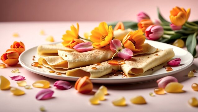 Pancakes with spring flowers, Maslenitsa holiday