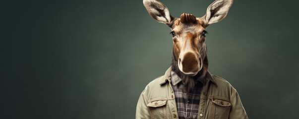 Moose in gardener suit. Man with moose head against color background.