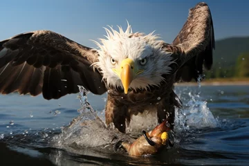  An sea eagle catching a fish in the water. Generative AI. © visoot