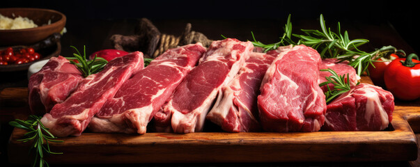 Lamb meat chops on wooden tray with green herbs and spices.