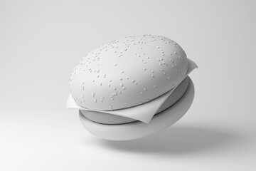 White cheeseburger floating in mid air on white background in monochrome and minimalism. Illustration of the concept of fast food and junk food