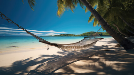 A hammock on a pristine beach. Generative AI. - obrazy, fototapety, plakaty