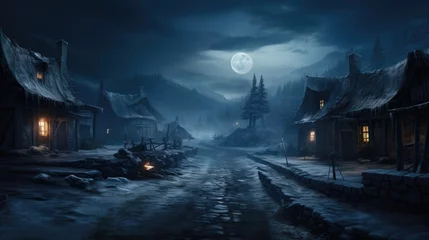 Fotobehang Dark mysterious snowy village around Christmas time. Generative AI. © visoot
