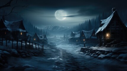 Dark mysterious snowy village around Christmas time. Generative AI. - obrazy, fototapety, plakaty